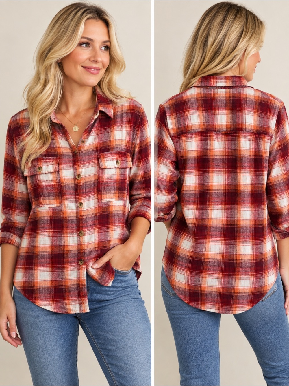 Woman’s Red Plaid Button-Up Shirt - Casual Flannel Style 100% Cotton